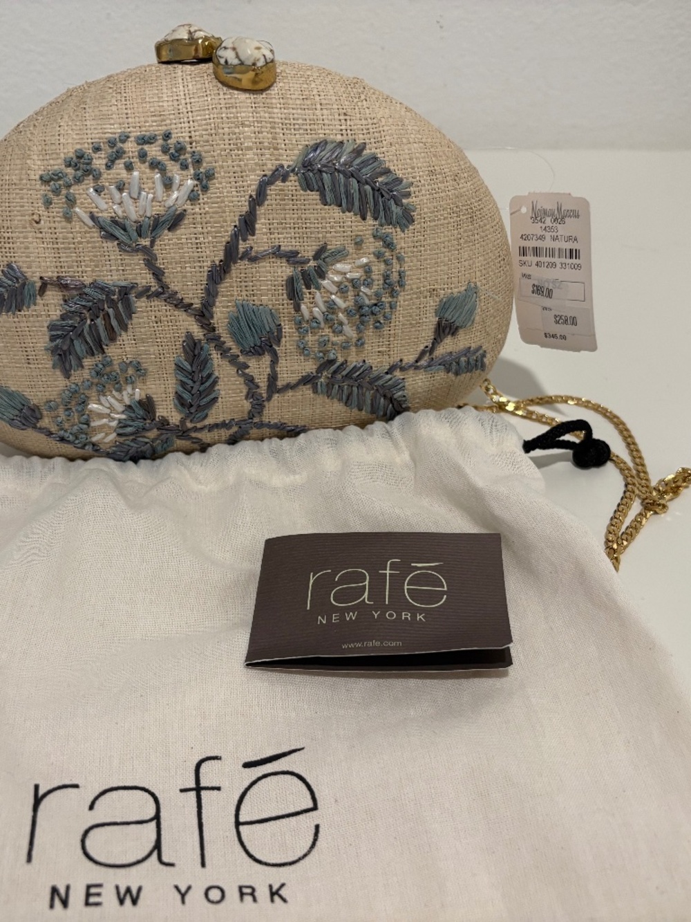 Brand new rafe brand Neiman Marcus woven clutch w chain